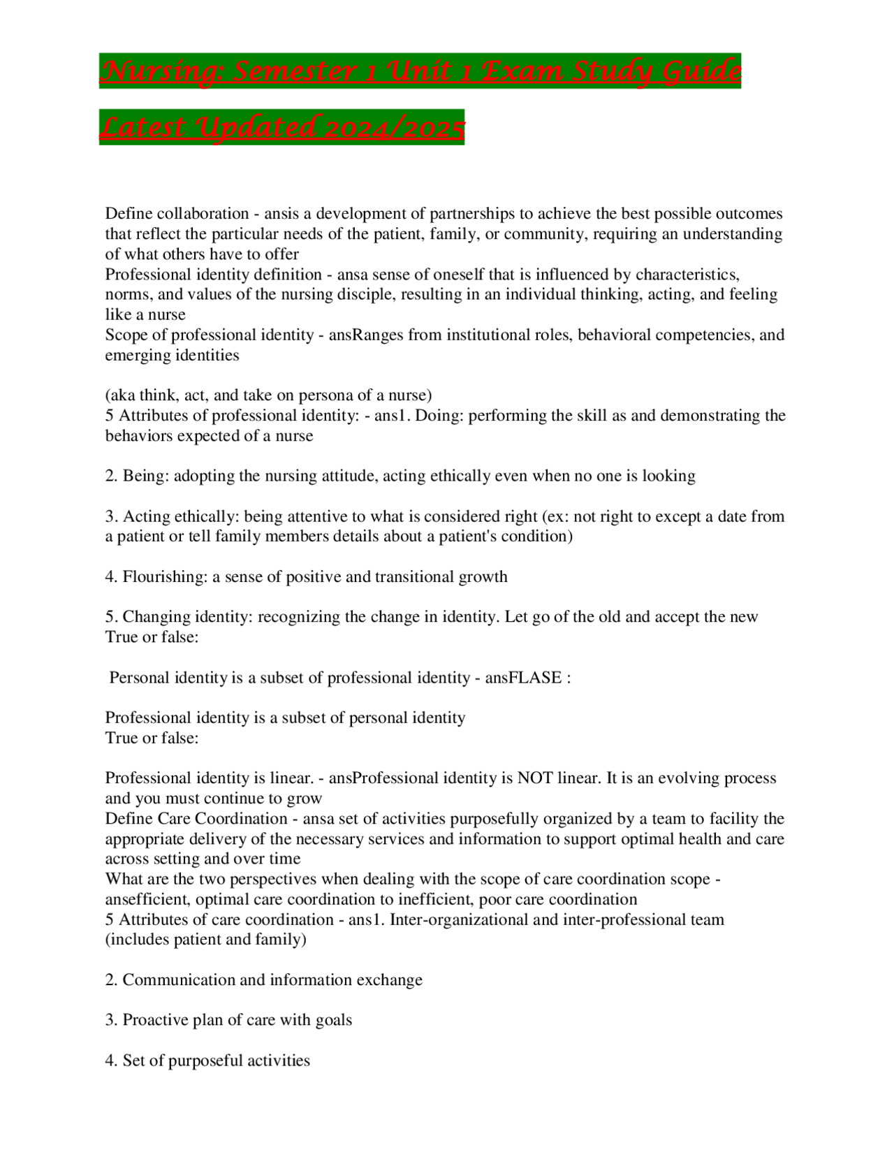 Nursing: Semester 1 Unit 1 Exam Study Guide Latest Updated 2024/2025 ...