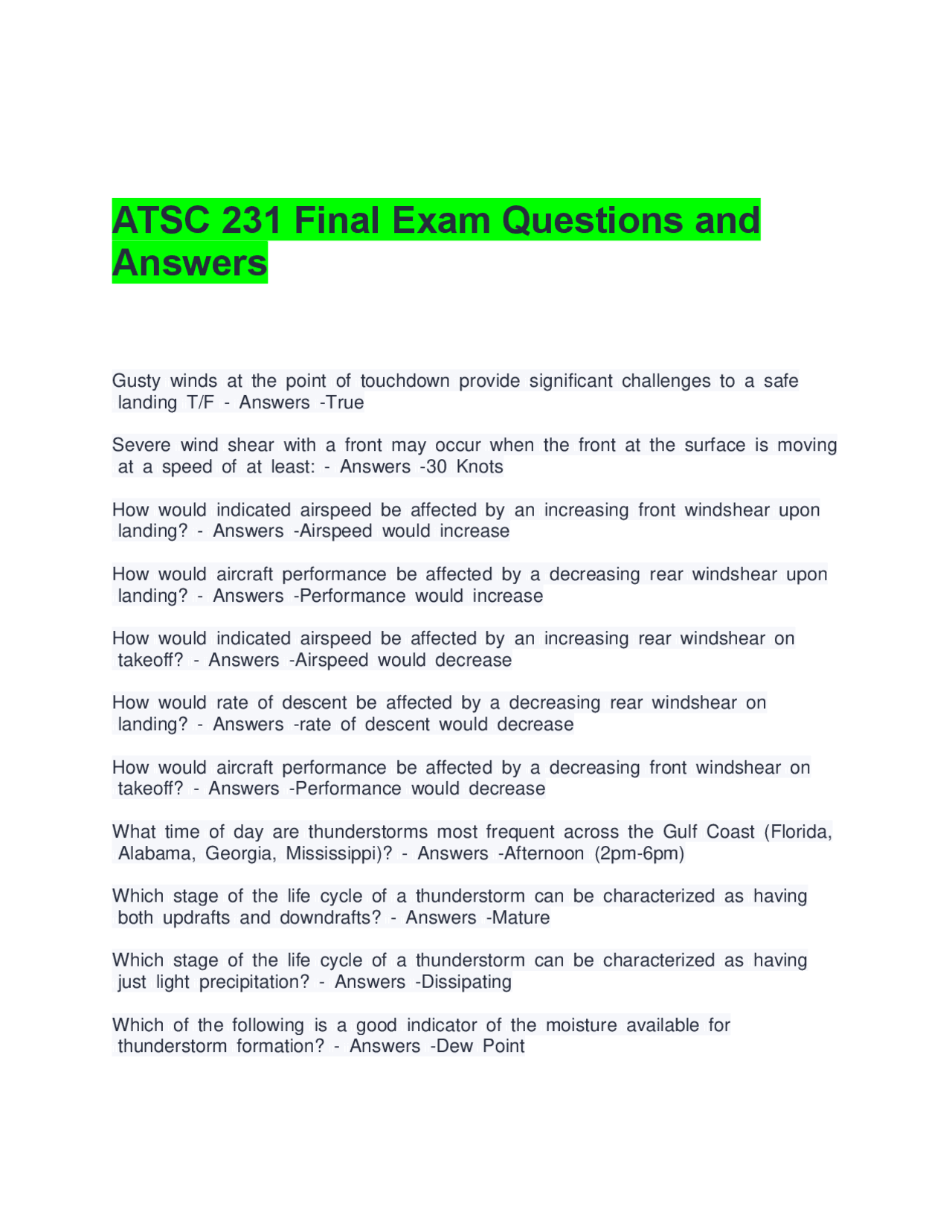 ATSC 231 Final Exam Questions and Answers | Exams Advanced Education ...
