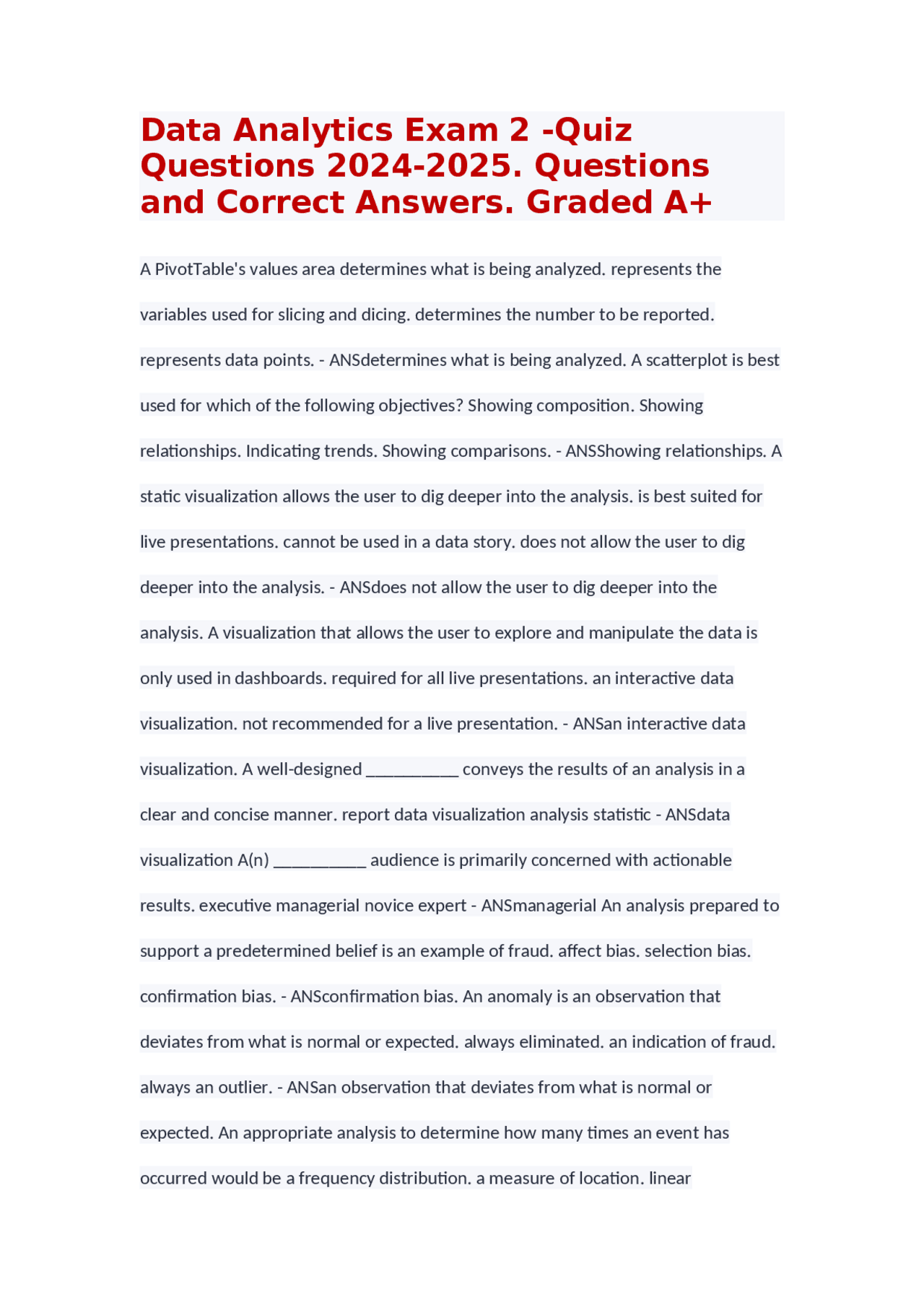 Test Questions Examples Data Analysis Data Analytics Exam 2 -Quiz Questions 2024-2025. Questions and Correct ...