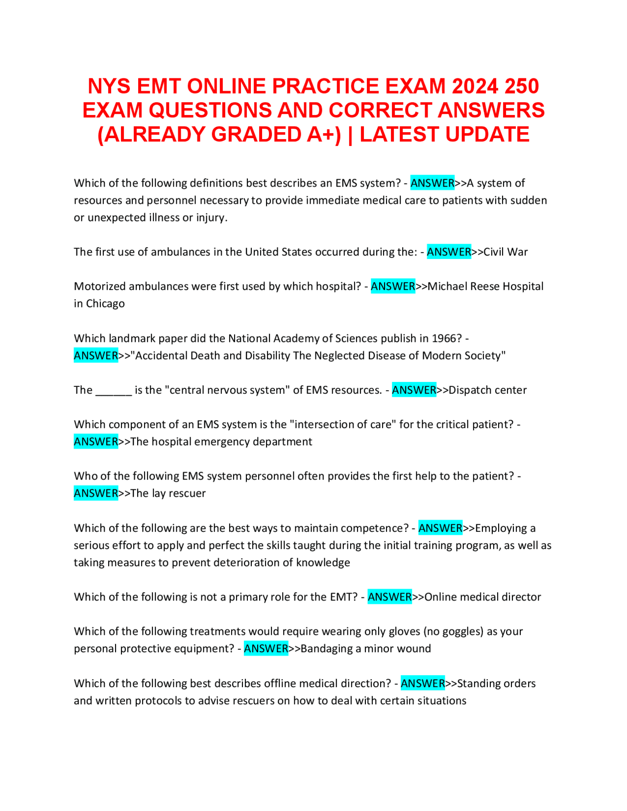 NYS EMT ONLINE PRACTICE EXAM 2024 250 EXAM QUESTIONS AND CORRECT ...