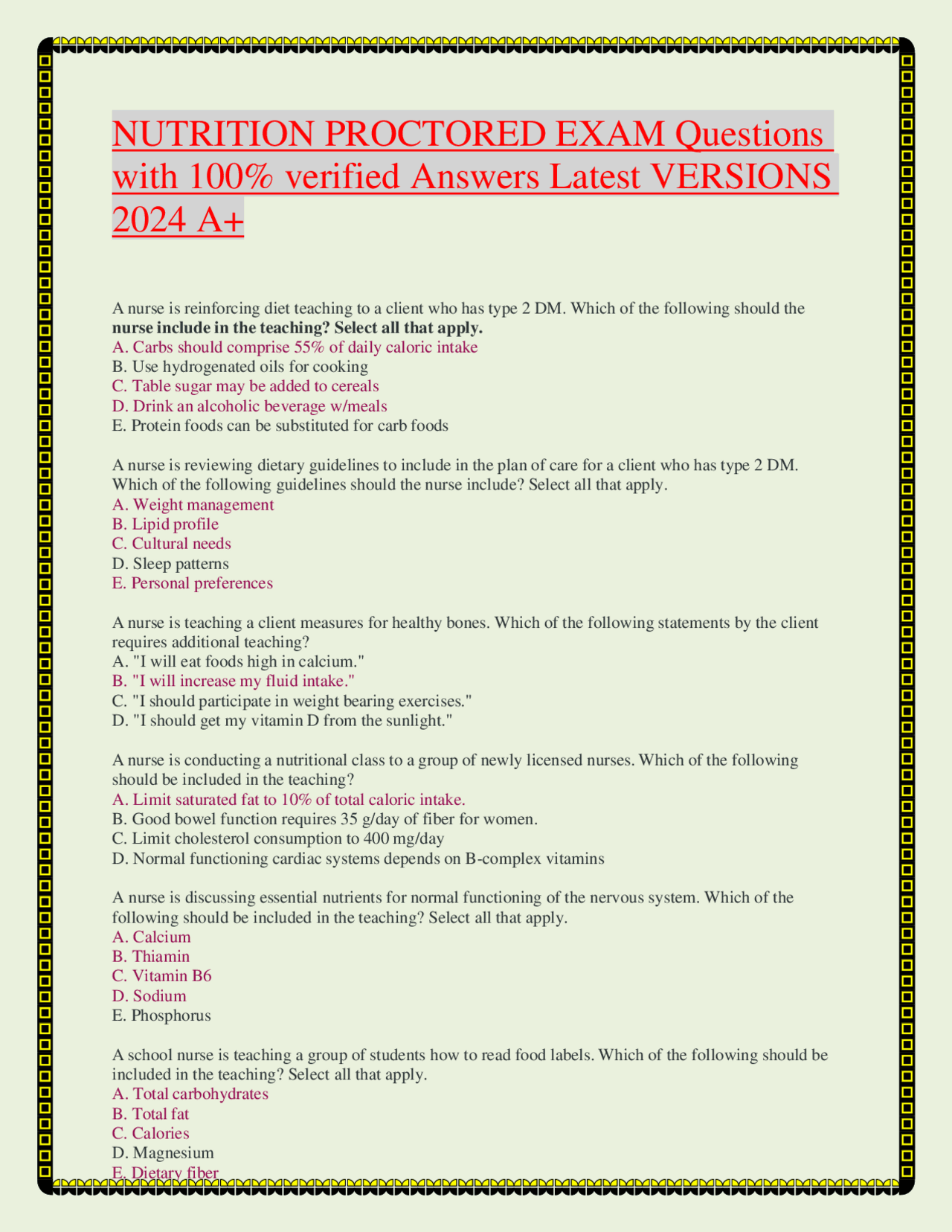 NUTRITION PROCTORED EXAM Questions with 100% verified Answers Latest ...
