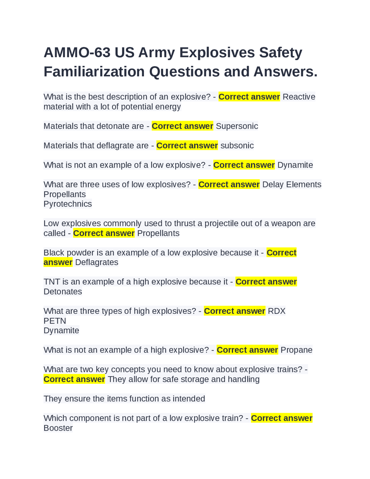 AMMO63 US Army Explosives Safety Familiarization Questions and Answers