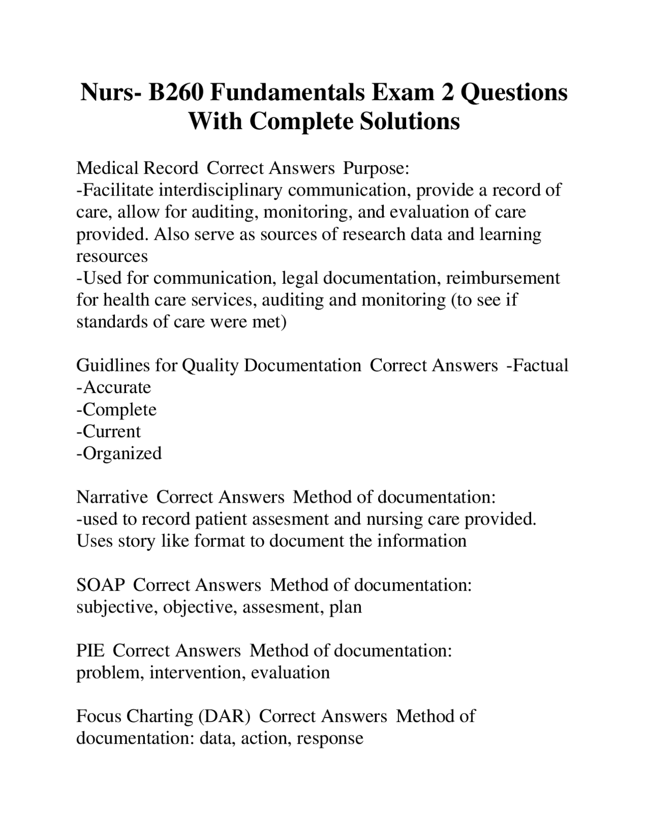 Nurs- B260 Fundamentals Exam 2 Questions With Complete Solutions ...