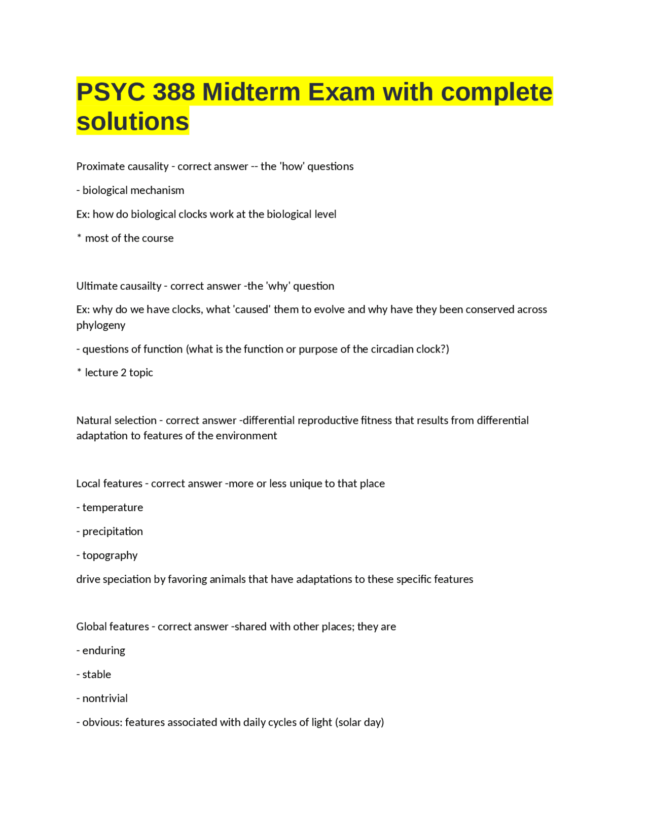 PSYC 388 Midterm Exam with complete solutions. | Exams Psychology | Docsity
