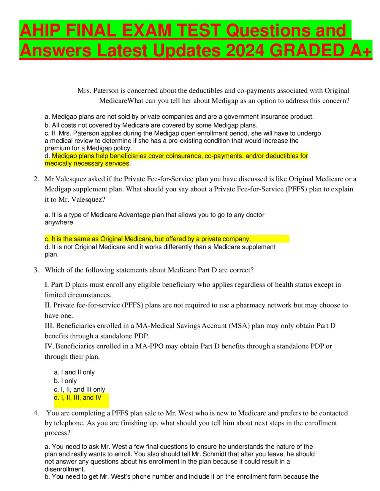 AHIP FINAL EXAM TEST Questions and Answers Latest Updates 2024 GRADED ...