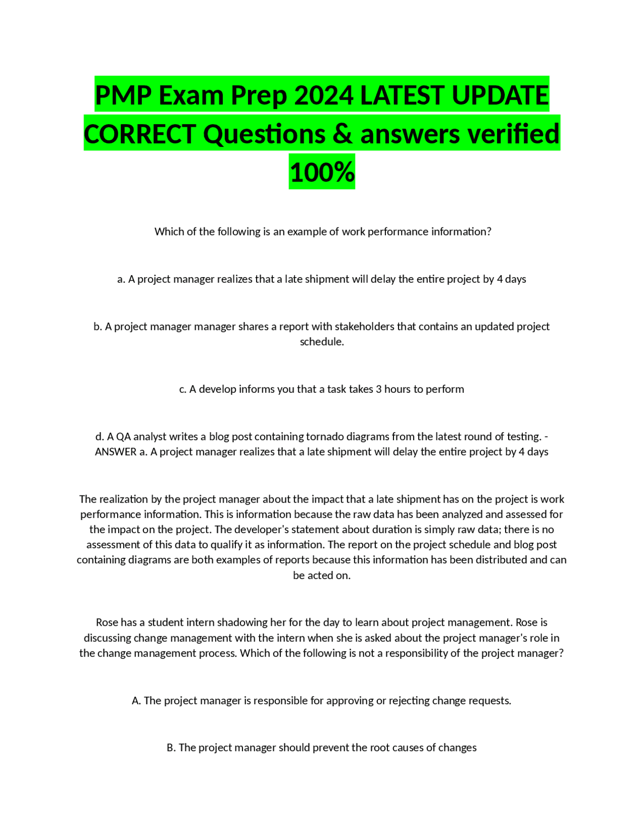 PMP Exam Prep 2024 LATEST UPDATE CORRECT Questions & answers verified ...