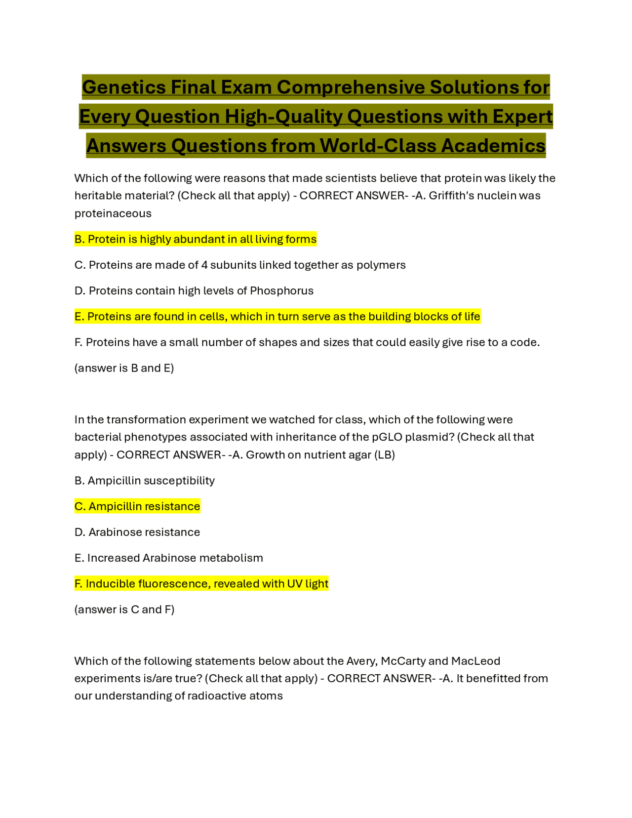 Final Exam Comprehensive Solutions for Every Question High