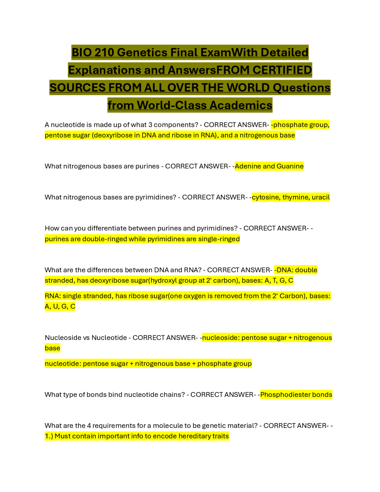 BIO 210 Genetics Final ExamWith Detailed Explanations and Answers FROM ...