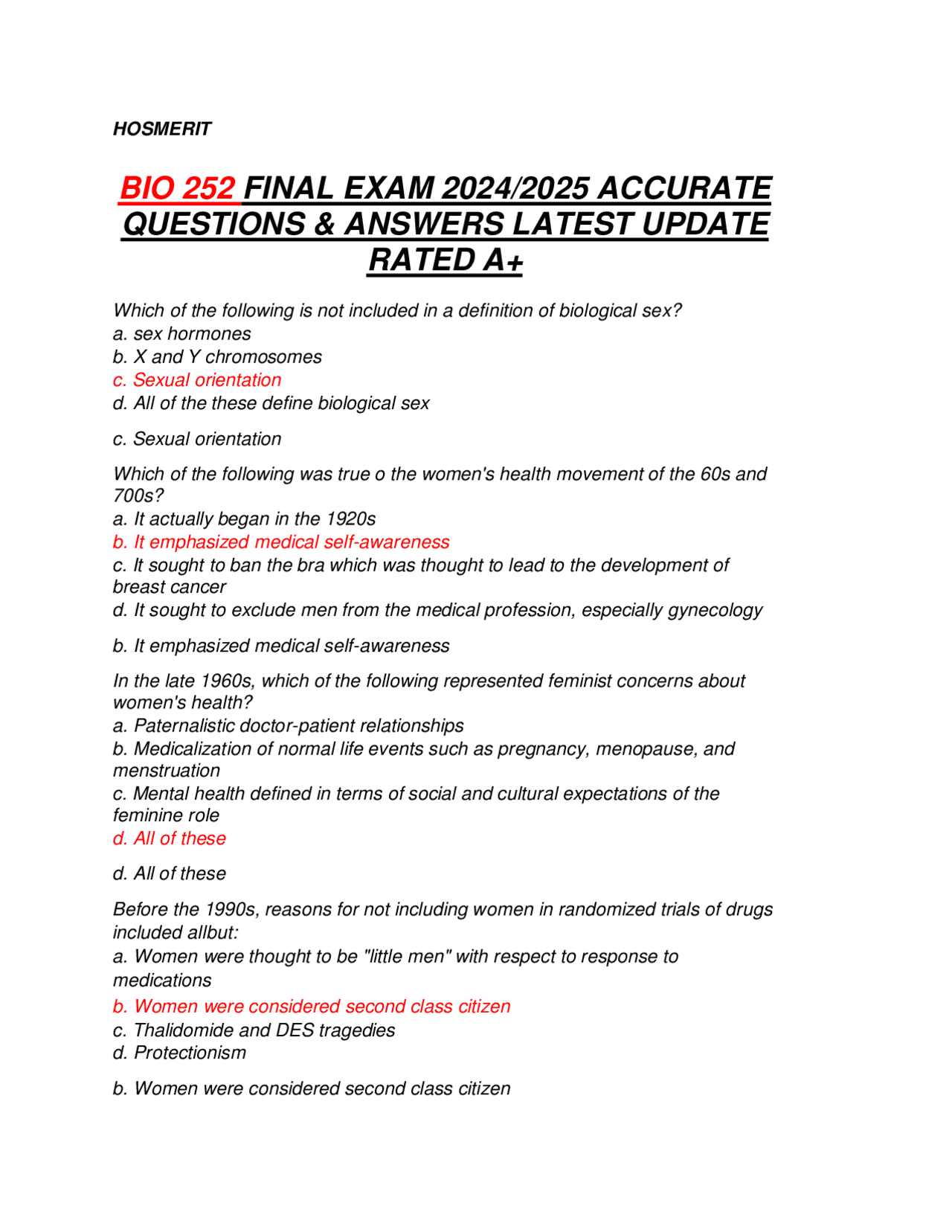 BIO 252 FINAL EXAM 2024/2025 ACCURATE QUESTIONS & ANSWERS LATEST UPDATE ...