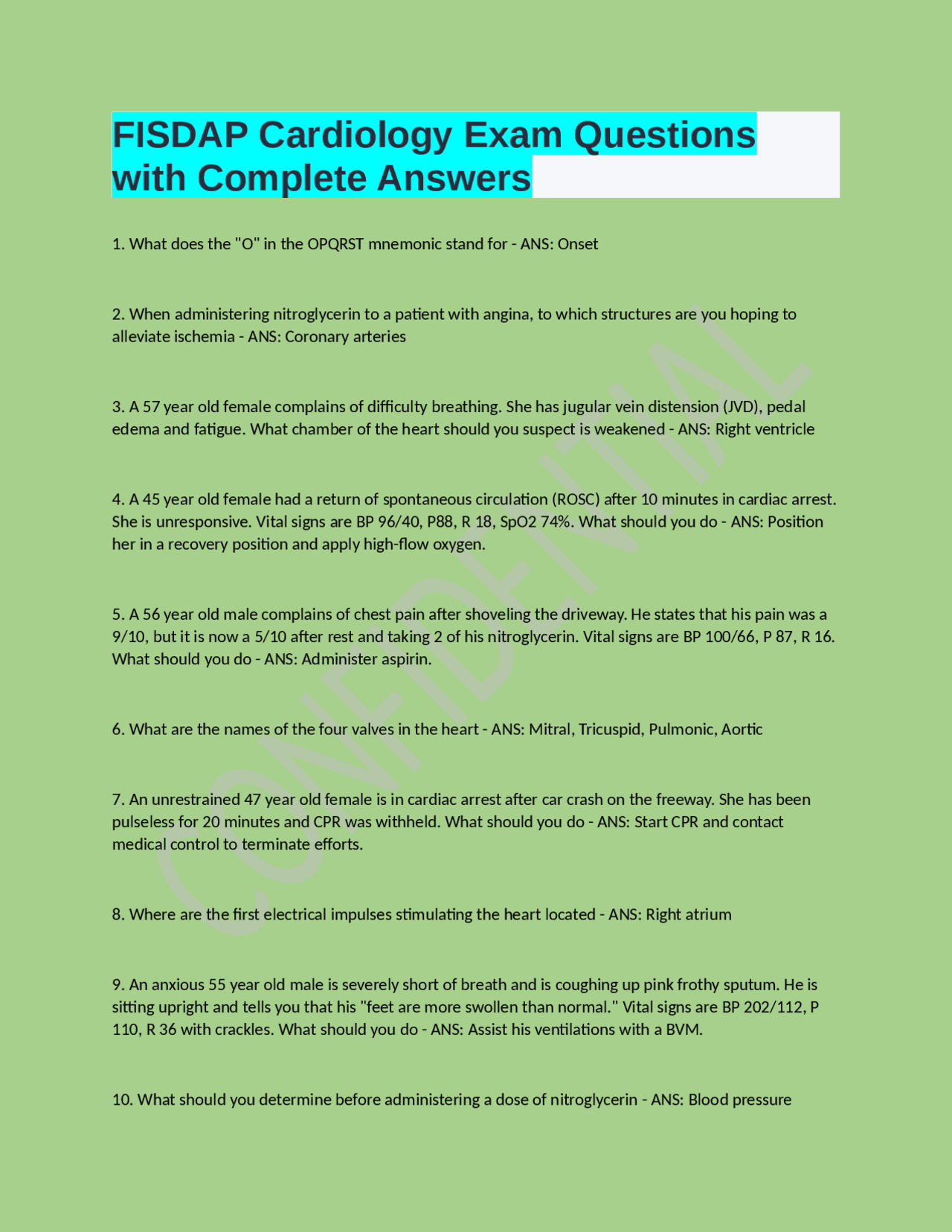 FISDAP Cardiology Exam Questions with Complete Answers | Exams Medicine ...