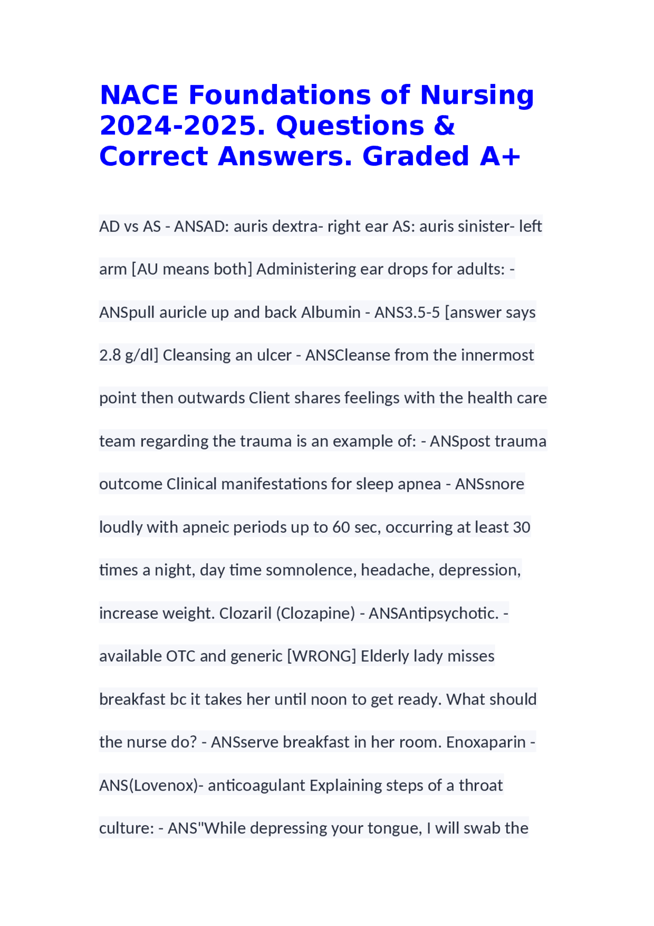 NACE Foundations of Nursing 2024-2025. Questions & Correct Answers ...