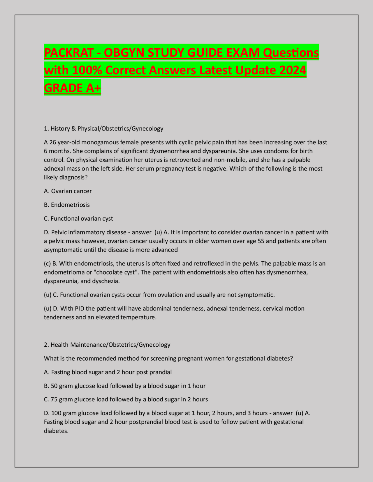 PACKRAT - OBGYN STUDY GUIDE EXAM Questions with 100% Correct Answers ...