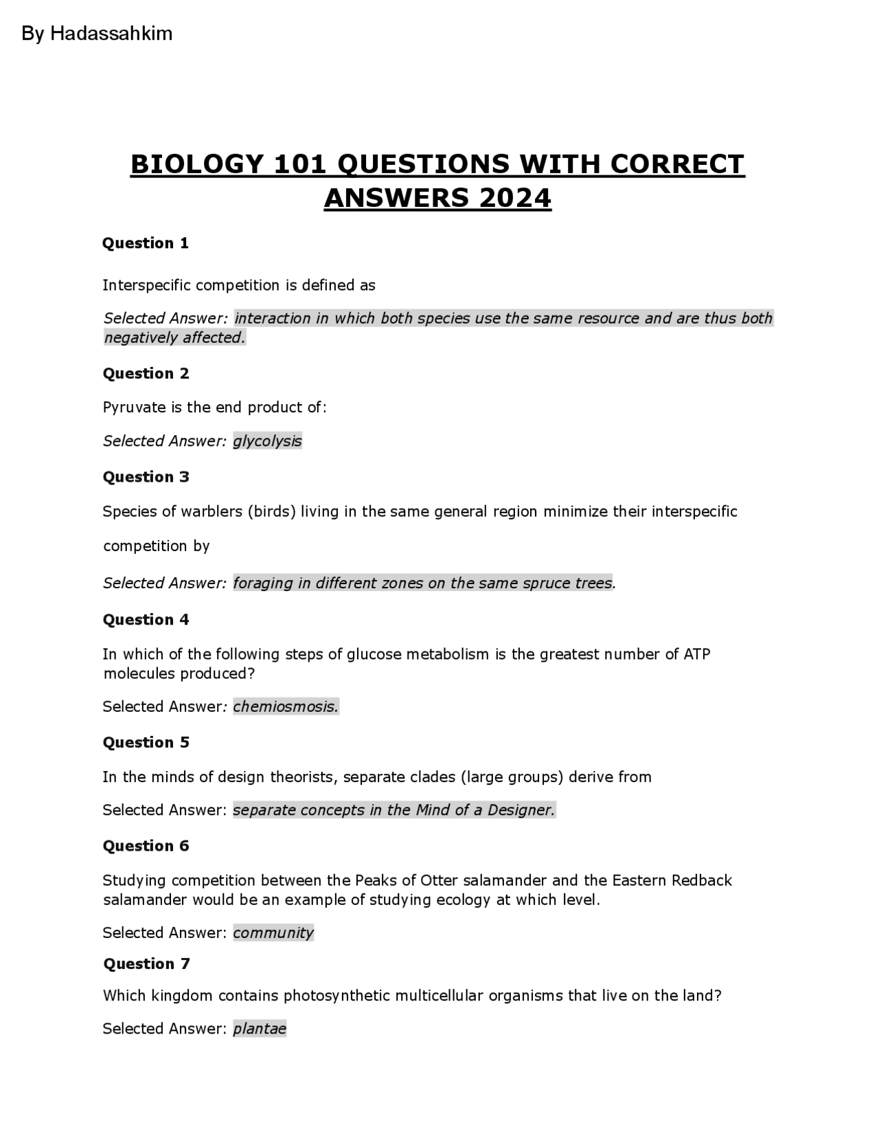 BIOLOGY 101 QUESTIONS WITH CORRECT ANSWERS 2024 | Exams Biology | Docsity