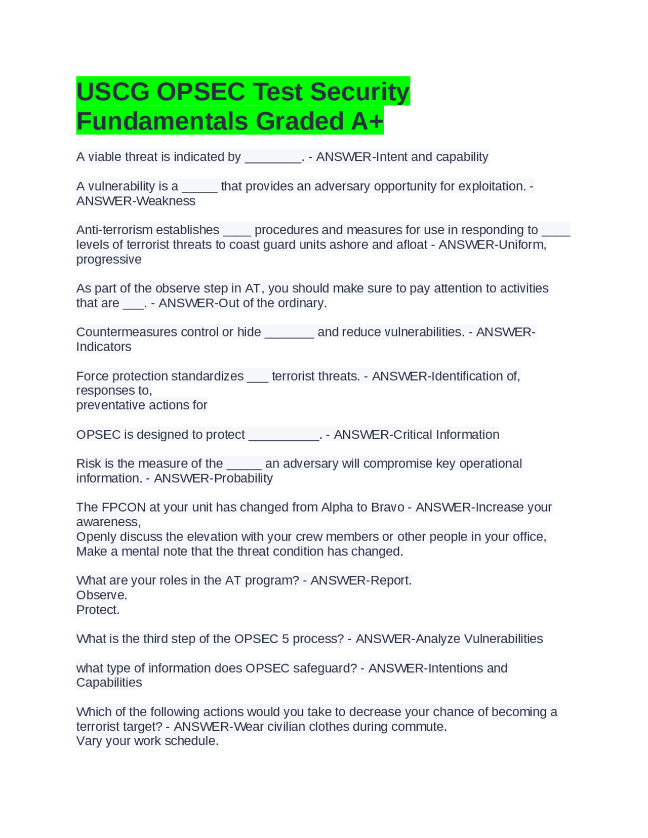 Opsec Checklist.pdf USCG OPSEC Test Security Fundamentals Graded A+ | Exams Advanced ...