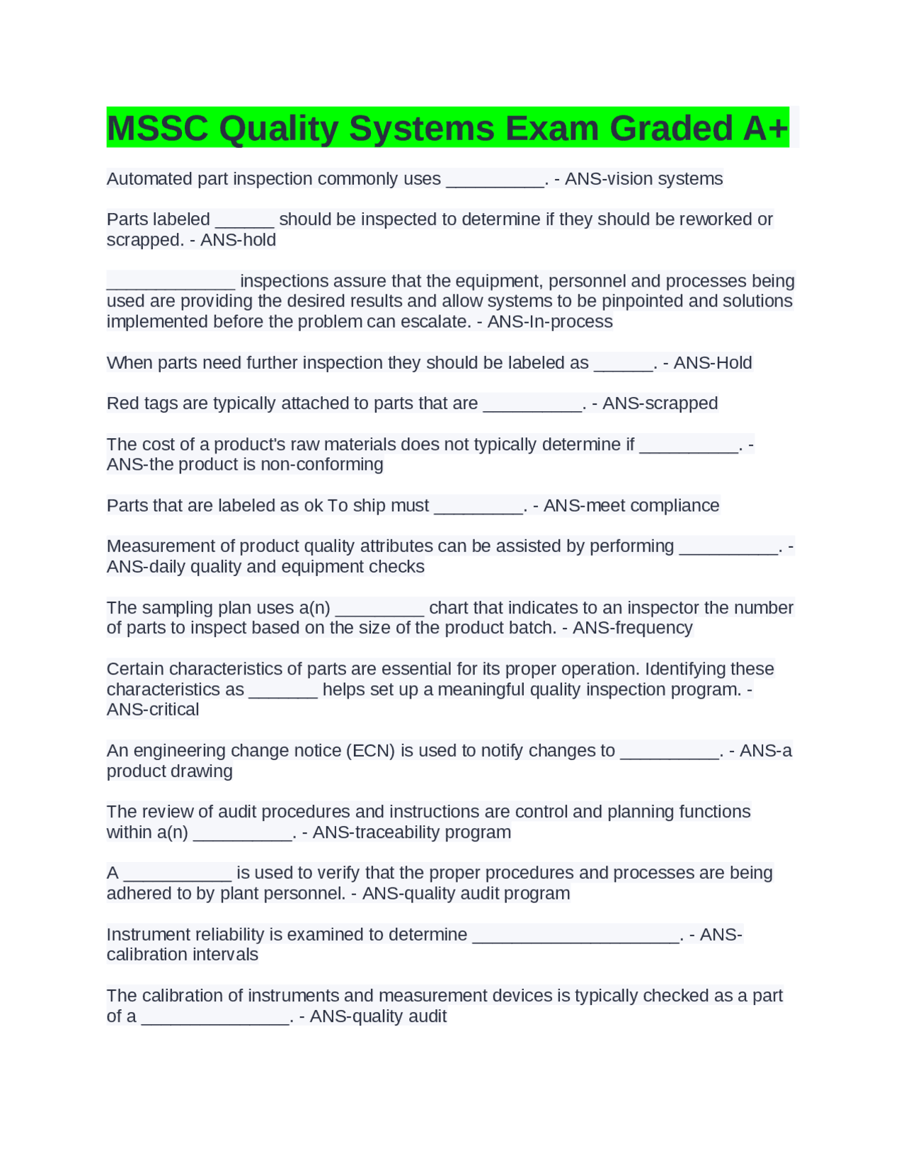Quality Systems Exam: Mastering Inspection and Continuous Improvement ...