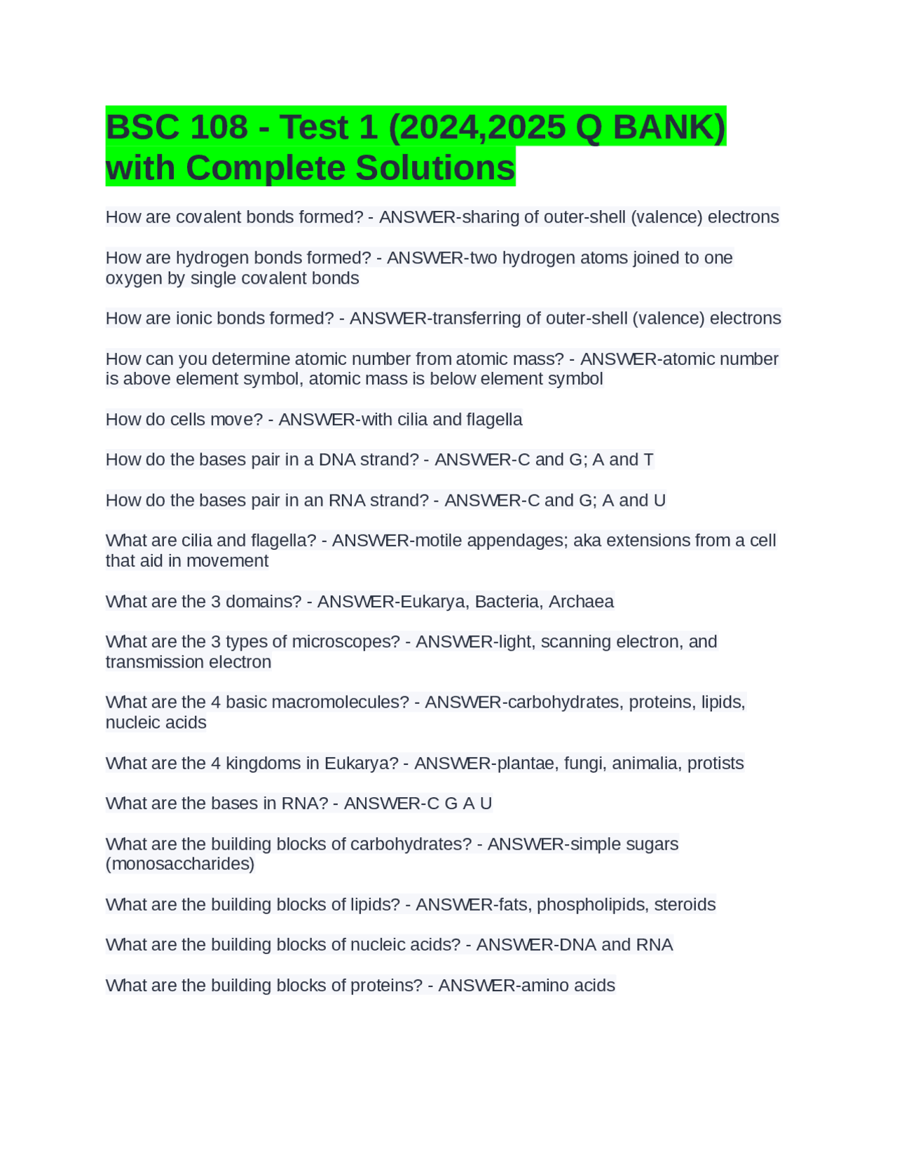 BSC 108 - Test 1 (2024,2025 Q BANK) with Complete Solutions | Exams ...