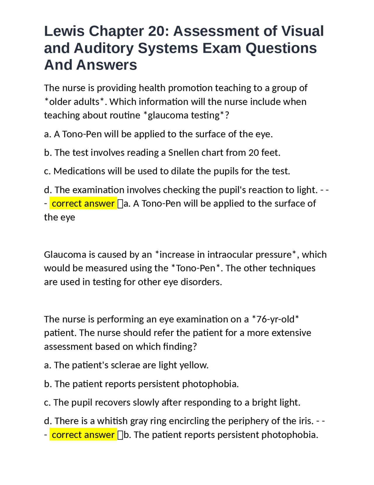 Assessment of Visual and Auditory Systems | Exams Nursing | Docsity