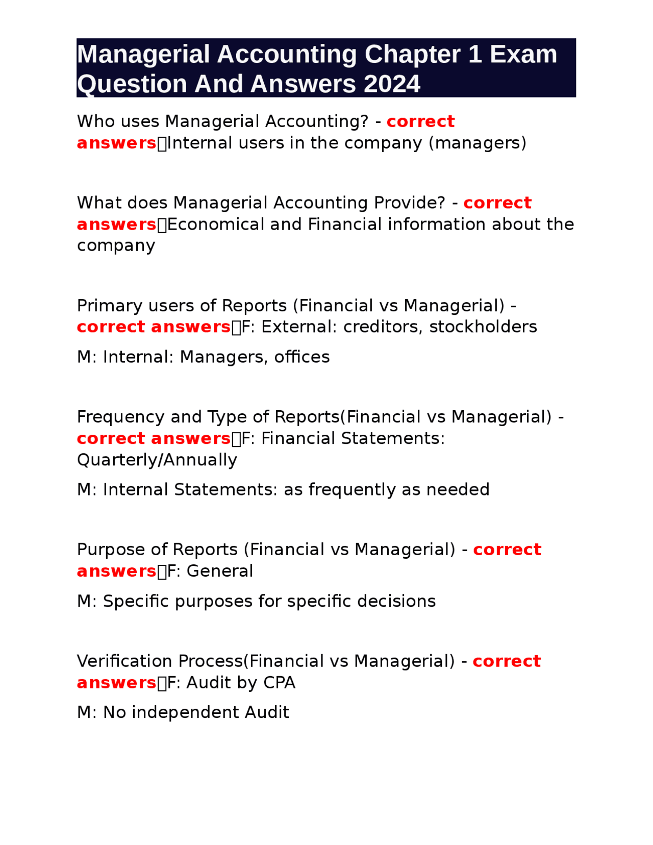 Managerial Accounting Chapter 1 Exam Questions and Answers | Exams ...