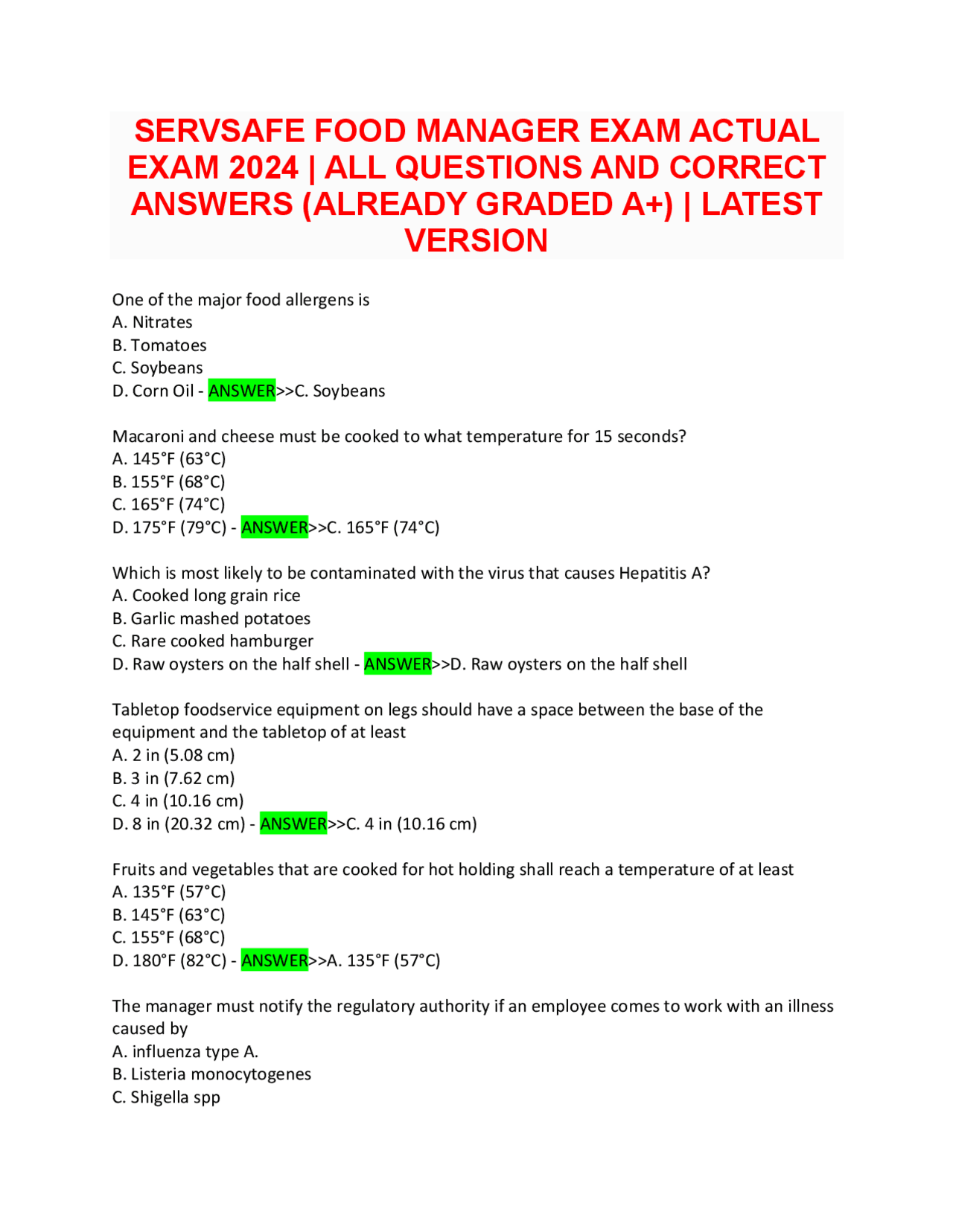 SERVSAFE FOOD MANAGER EXAM ACTUAL EXAM 2024 ALL QUESTIONS AND CORRECT