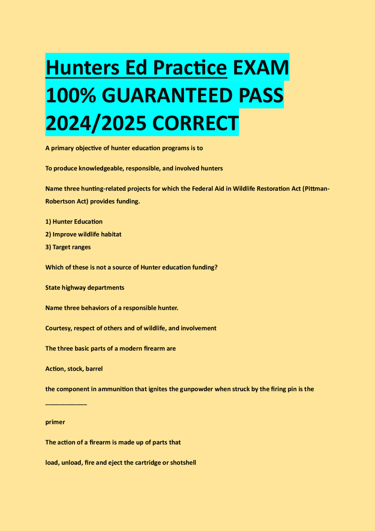Hunters Ed Practice EXAM 100 GUARANTEED PASS 2024/2025 CORRECT Exams Natural Science Docsity