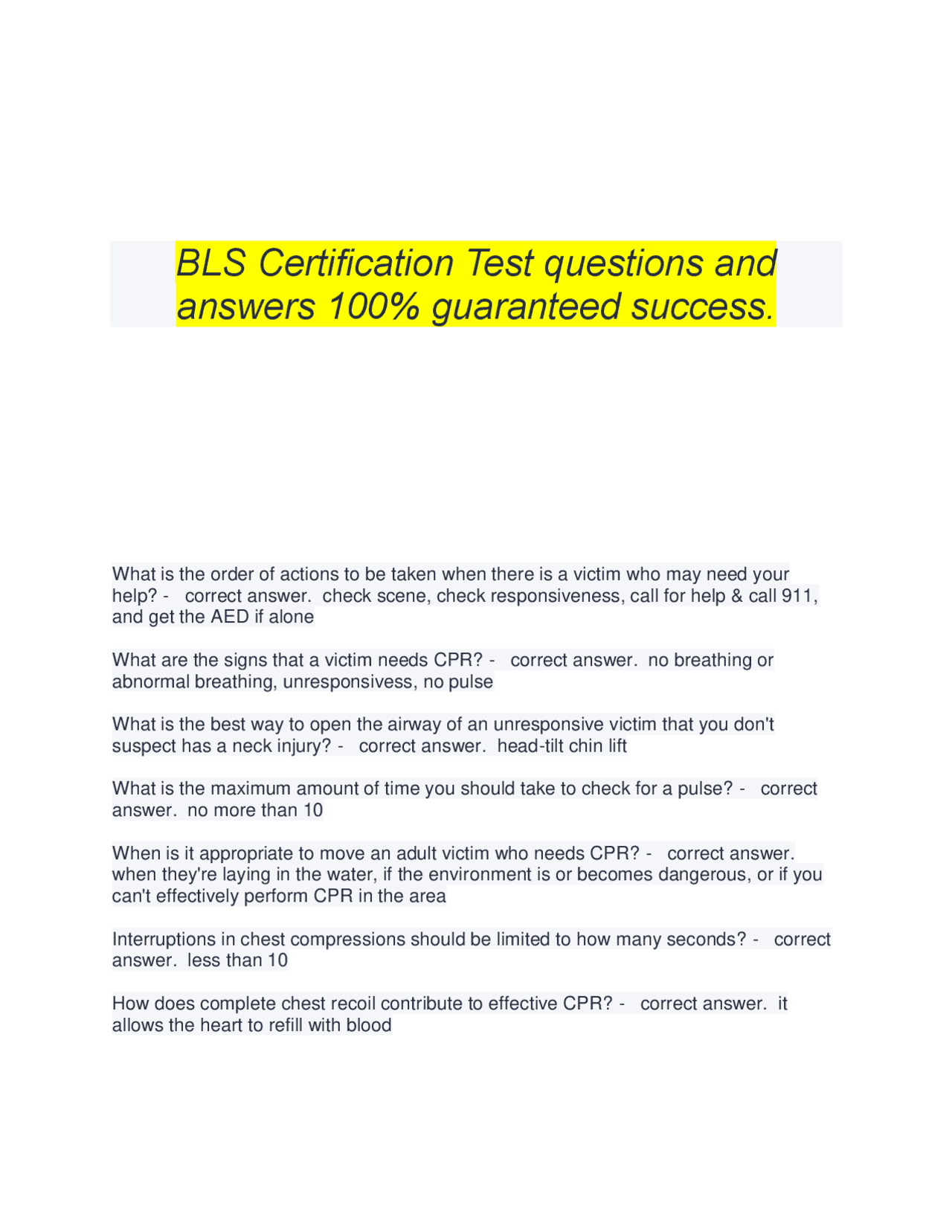 BLS Certification Test Questions and Answers | Exams Andragogy | Docsity