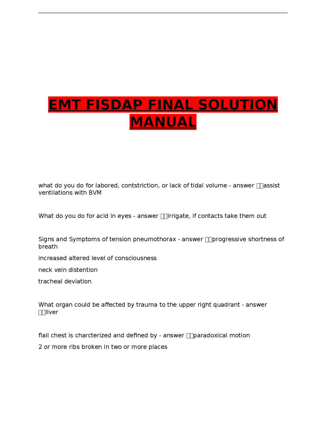 EMT FISDAP FINAL SOLUTION MANUAL | Exams Nursing | Docsity