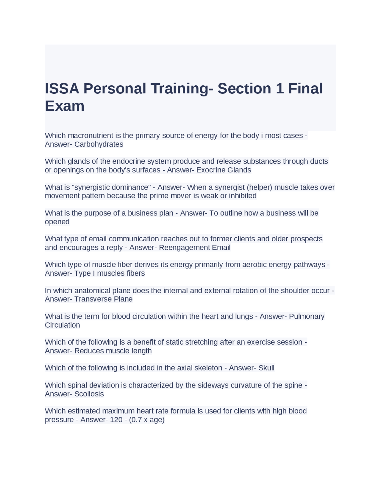 ISSA Personal Training- Section 1 Final Exam Questions and Answers ...