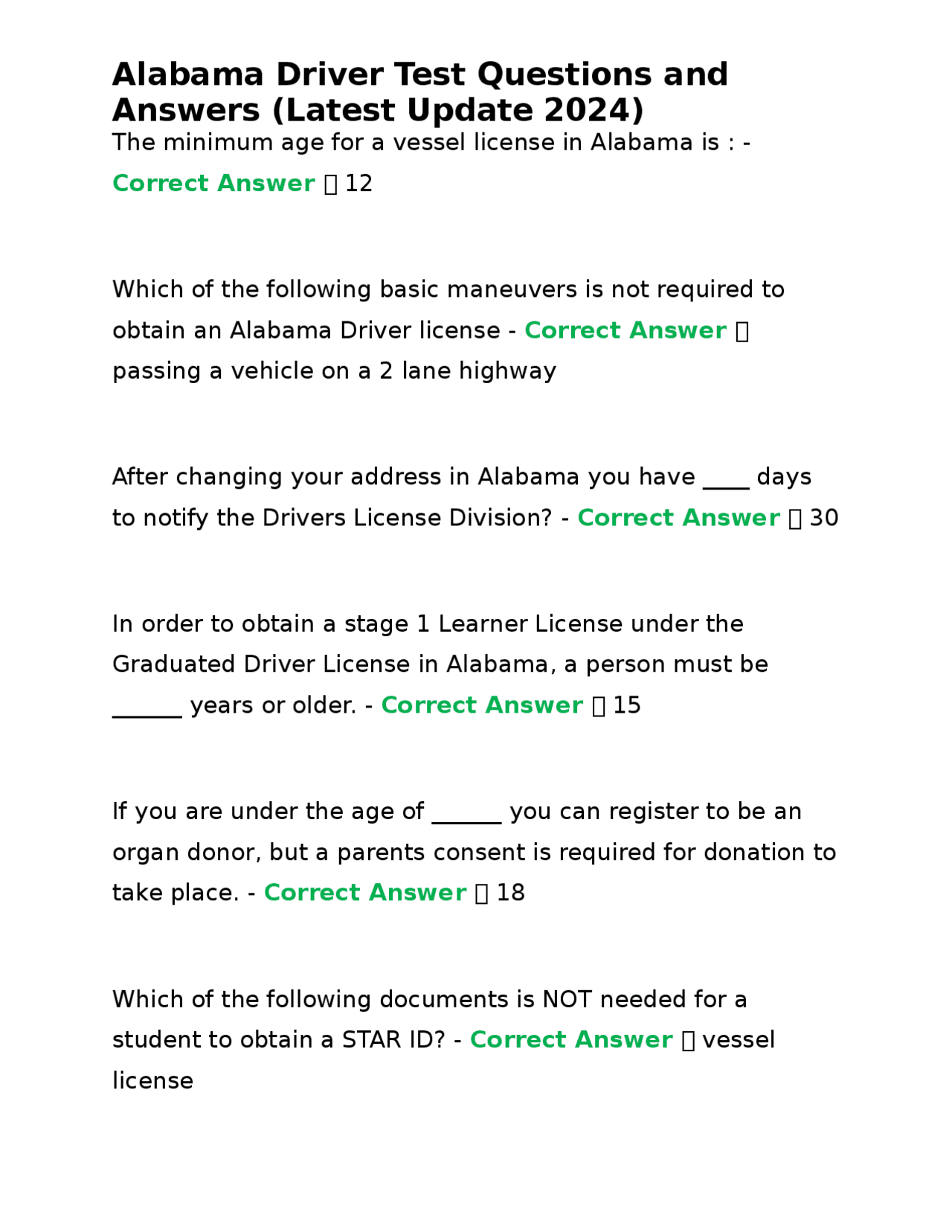 Al Question Alabama Driver Test Questions and Answers (Latest Update 2024) | Exams ...