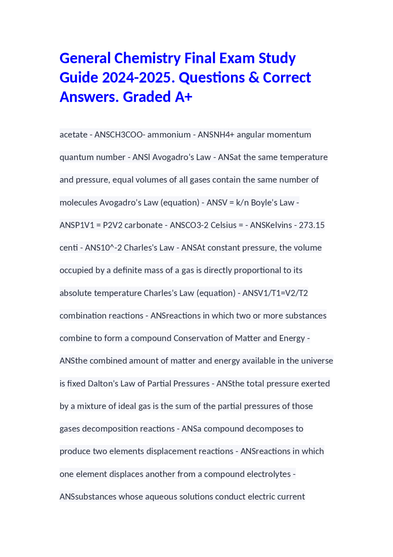 General Chemistry Final Exam Study Guide 2024-2025 | Exams Chemistry ...
