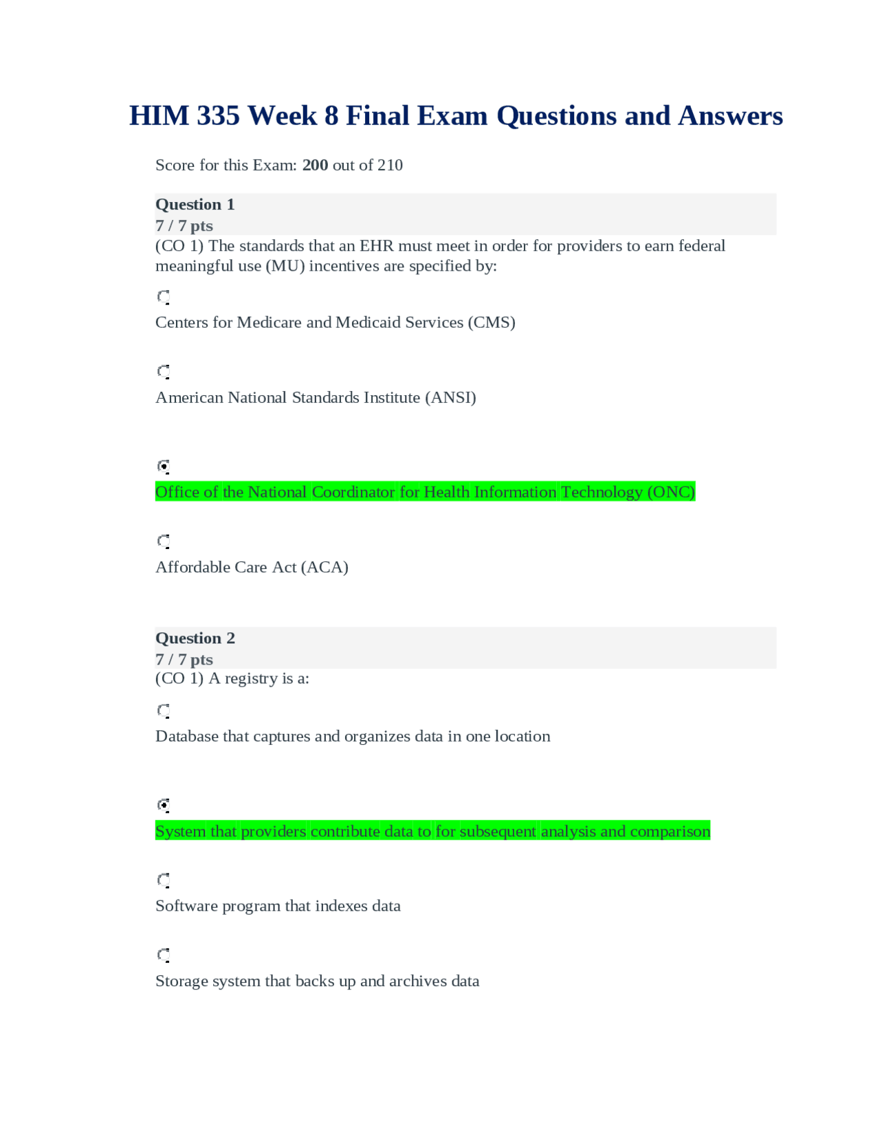Health Information Management Final Exam Questions and