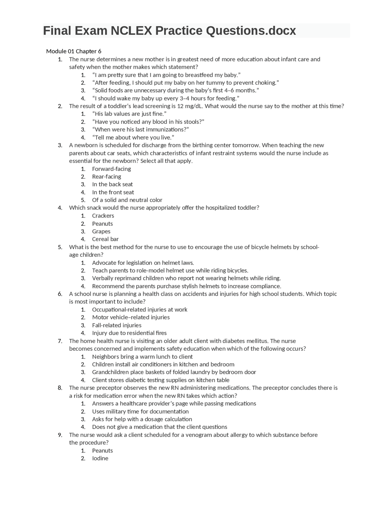 Final Exam NCLEX Practice Questions Only | Exams Nursing | Docsity