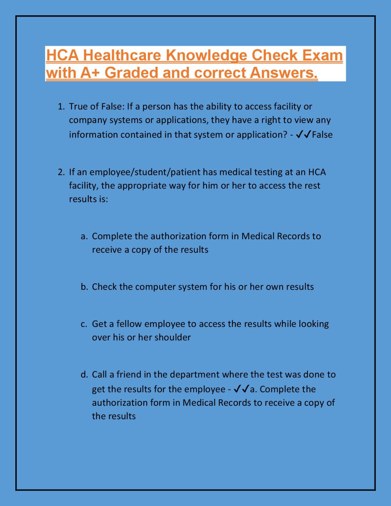 HCA Healthcare Knowledge Check Exam with A+ Graded and correct Answers ...