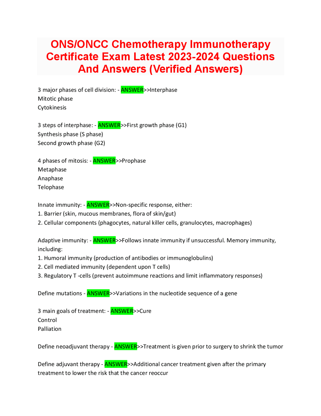 ONS/ONCC Chemotherapy Immunotherapy Certificate Exam 2023-2024 ...