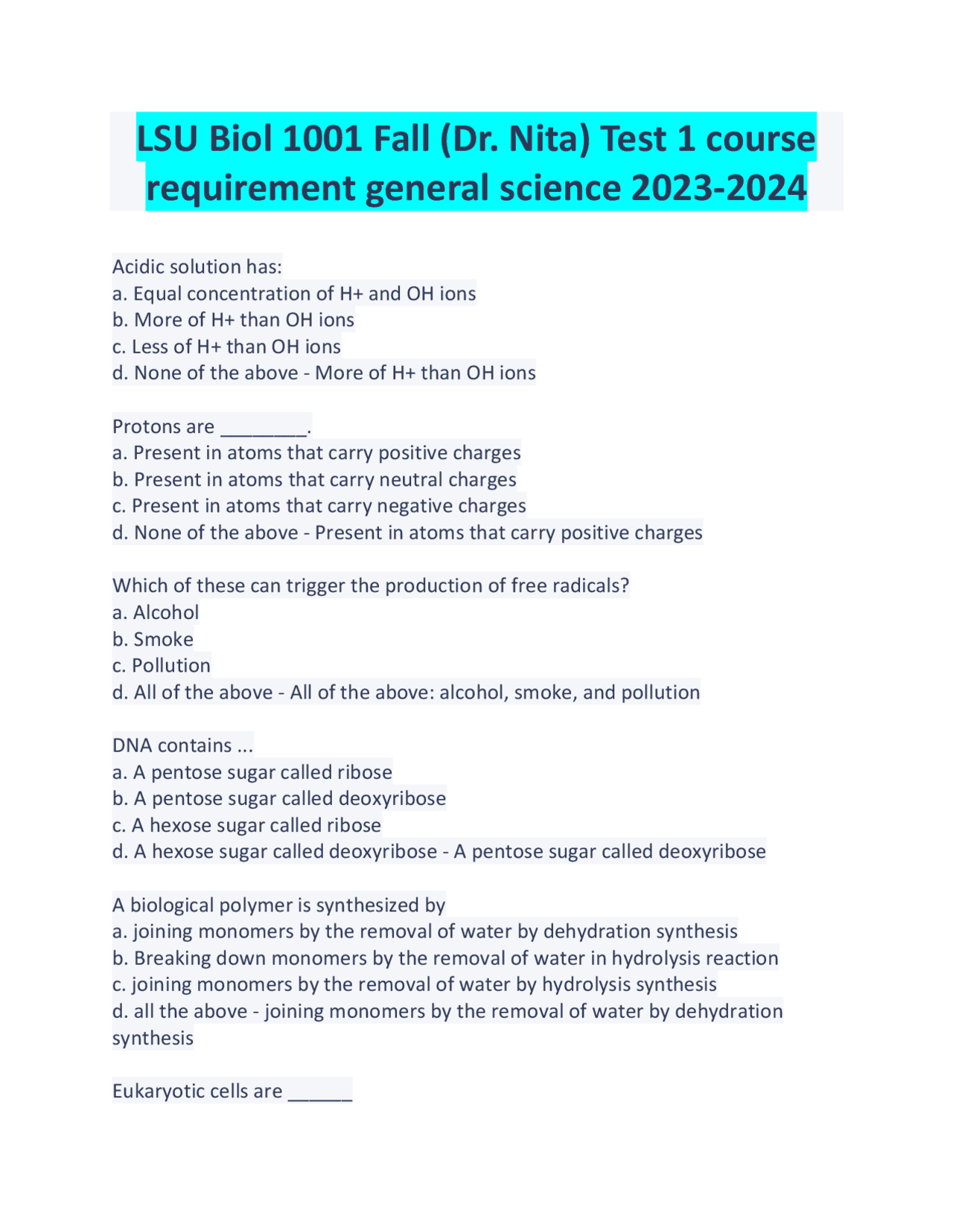 LSU Biol 1001 Fall (Dr. Nita) Test 1 Exams Biology Docsity