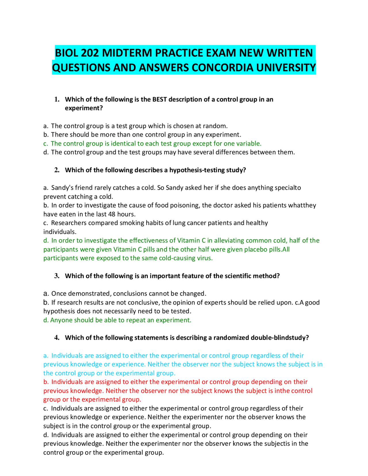 BIOL 202 MIDTERM PRACTICE EXAM NEW WRITTEN QUESTIONS AND ANSWERS ...