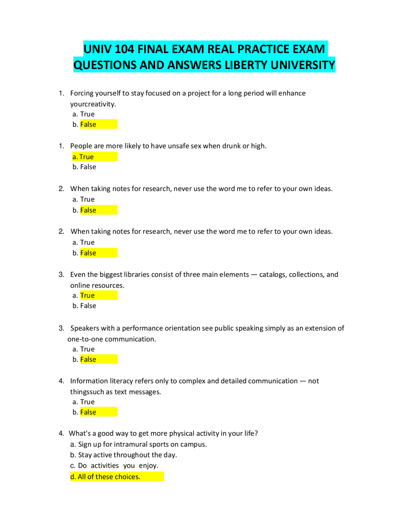 UNIV 104 FINAL EXAM REAL PRACTICE EXAM QUESTIONS AND ANSWERS LIBERTY ...