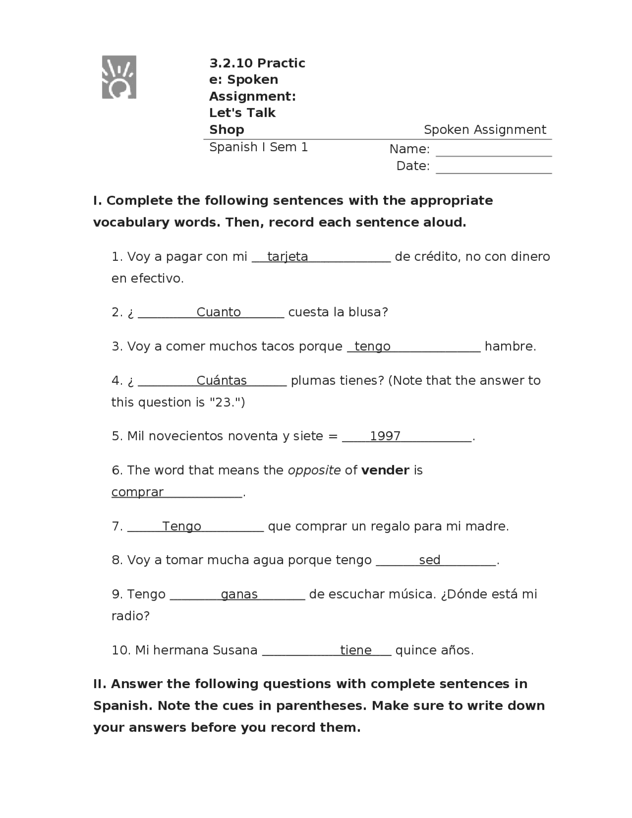 Spanish Assignment Completed Spoken Assignment 3.2.10 practice | Study notes Spanish | Docsity