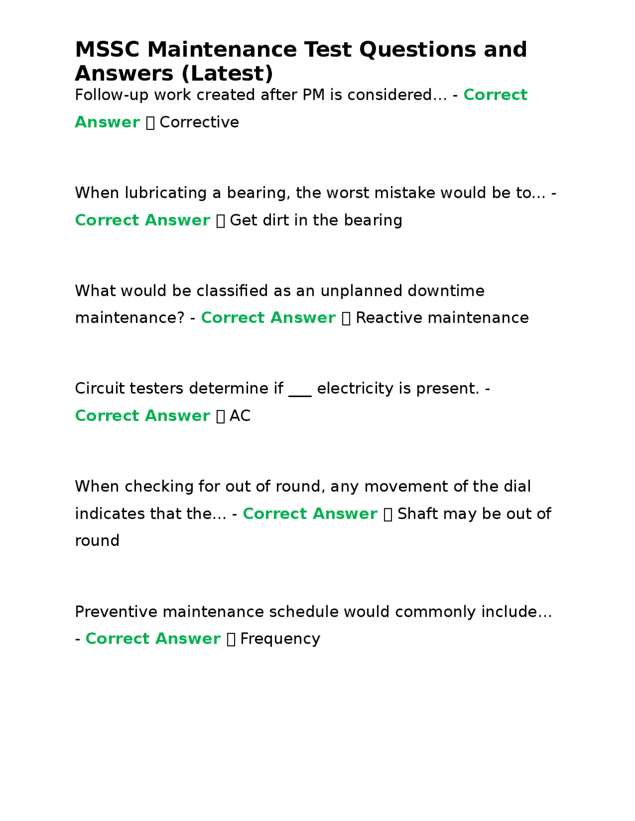 Msq Test Example MSSC Maintenance Test Questions and Answers | Exams Nursing | Docsity