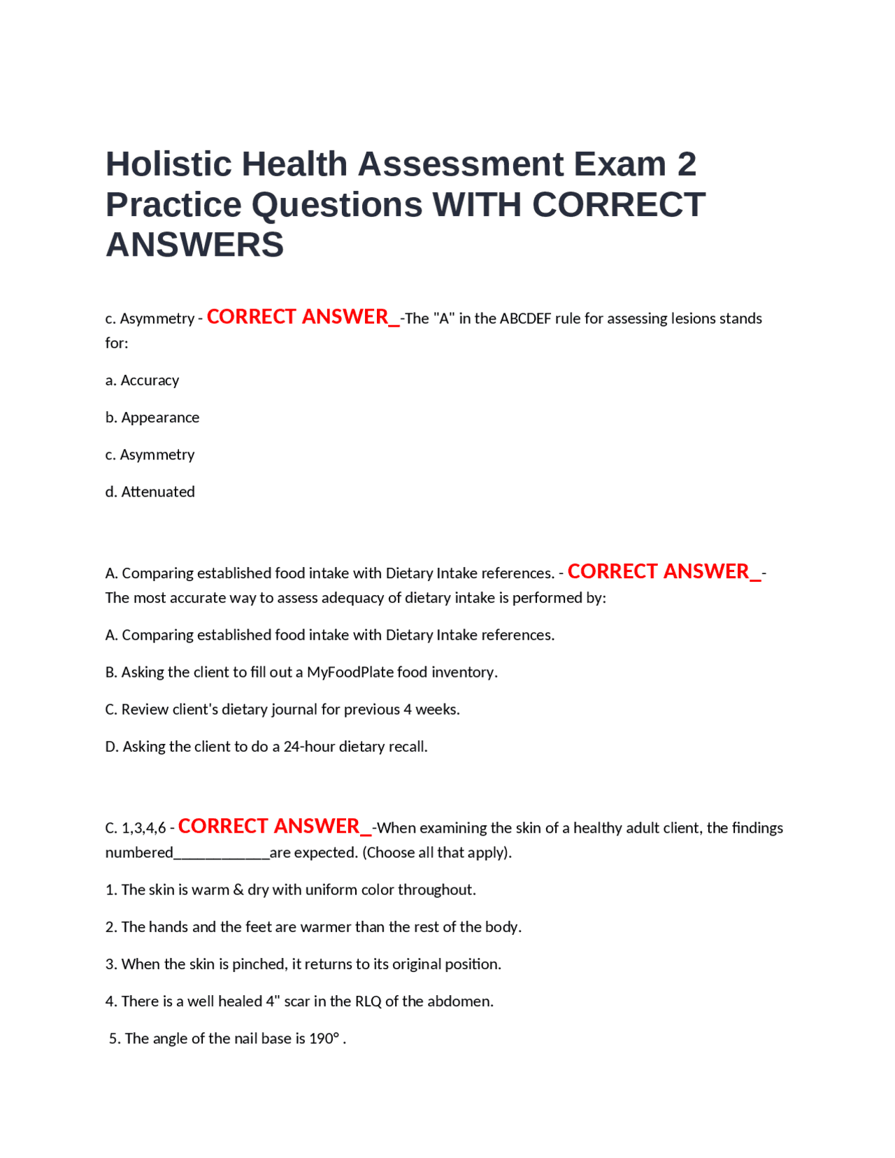 Holistic Health Assessment Exam 2 Practice Questions | Exams Nursing ...