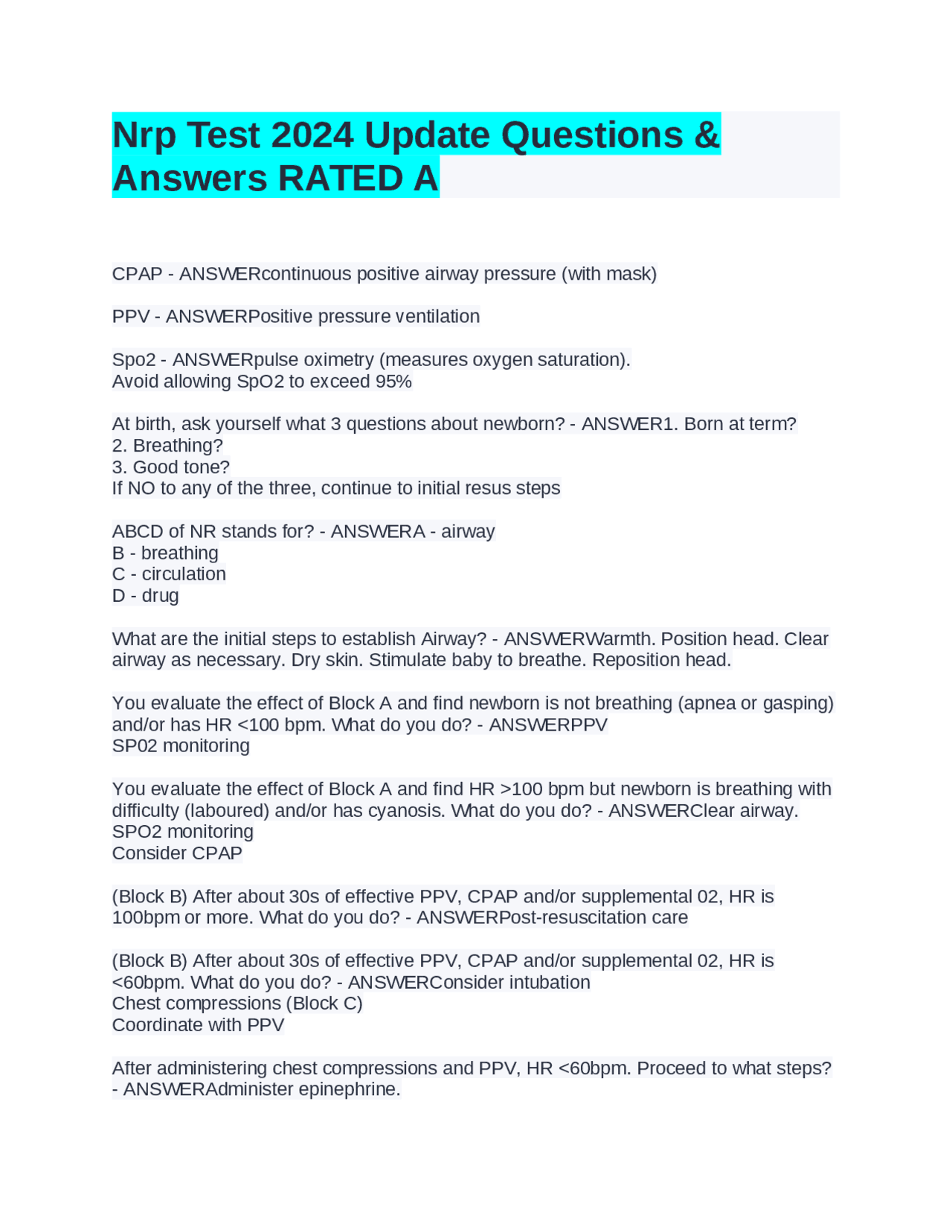 Nrp Test 2024 Update Questions & Answers RATED A | Exams Nursing | Docsity