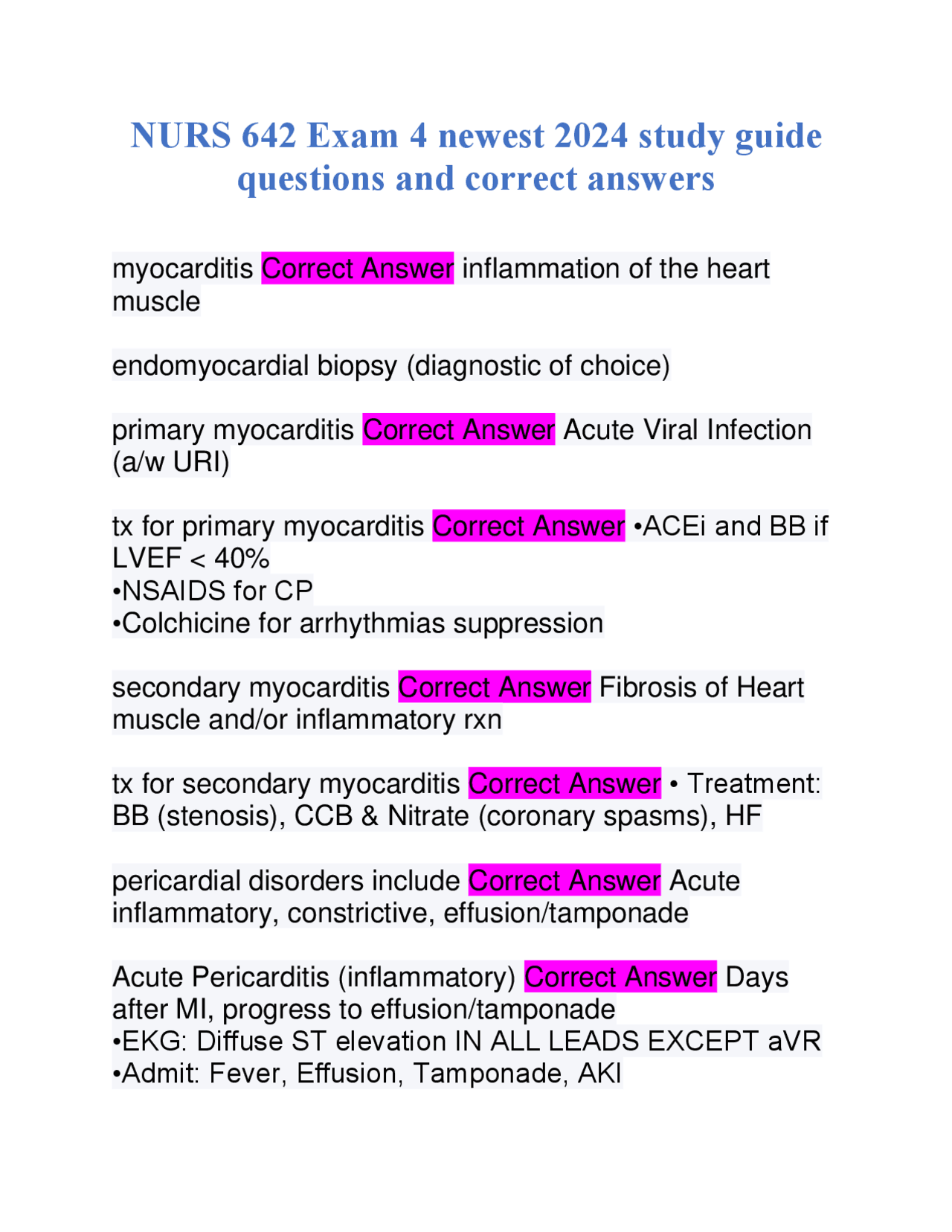 NURS 642 Exam 4 Study Guide | Exams Nursing | Docsity