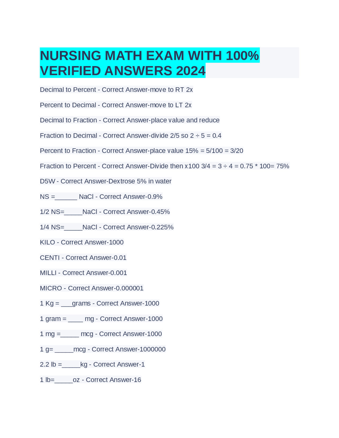 Crna Math Problems NURSING MATH EXAM WITH 100% VERIFIED ANSWERS 2024 | Exams Nursing | Docsity