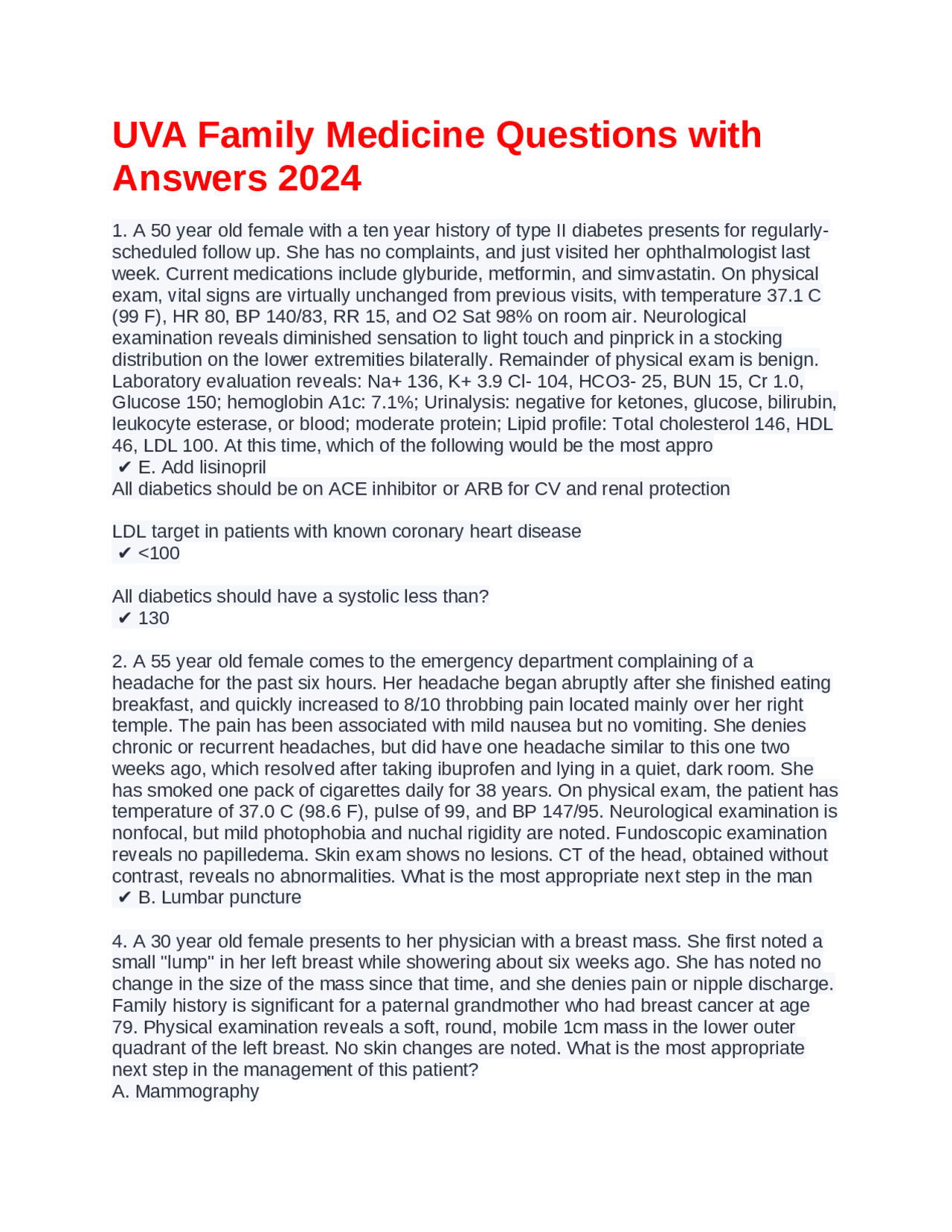 UVA Family Medicine Questions with Answers 2024 | Exams Psychology | Docsity