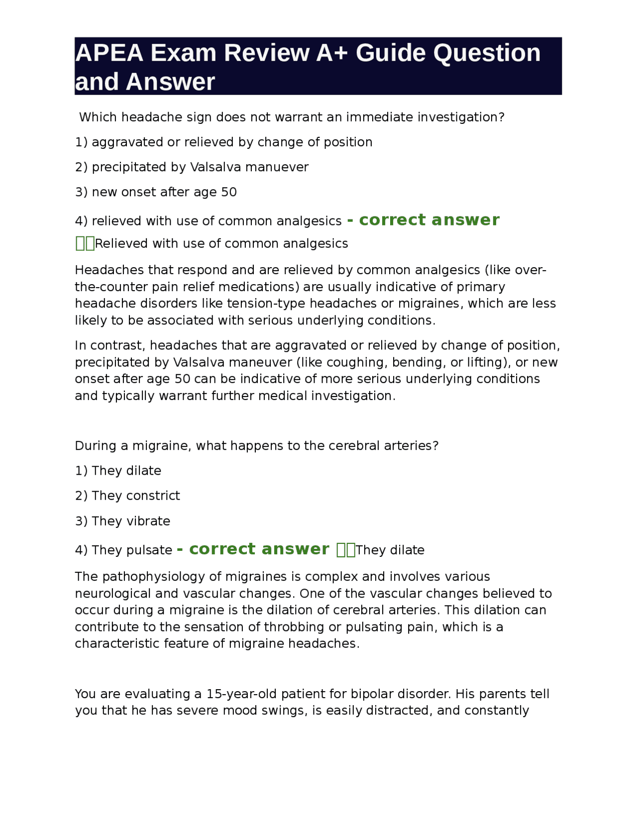 APEA Exam Review A+ Guide Question and Answer | Exams Nursing | Docsity