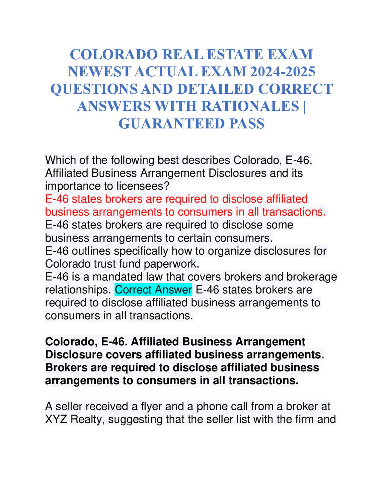 COLORADO REAL ESTATE EXAM NEWEST ACTUAL EXAM QUESTIONS AND DETAILED