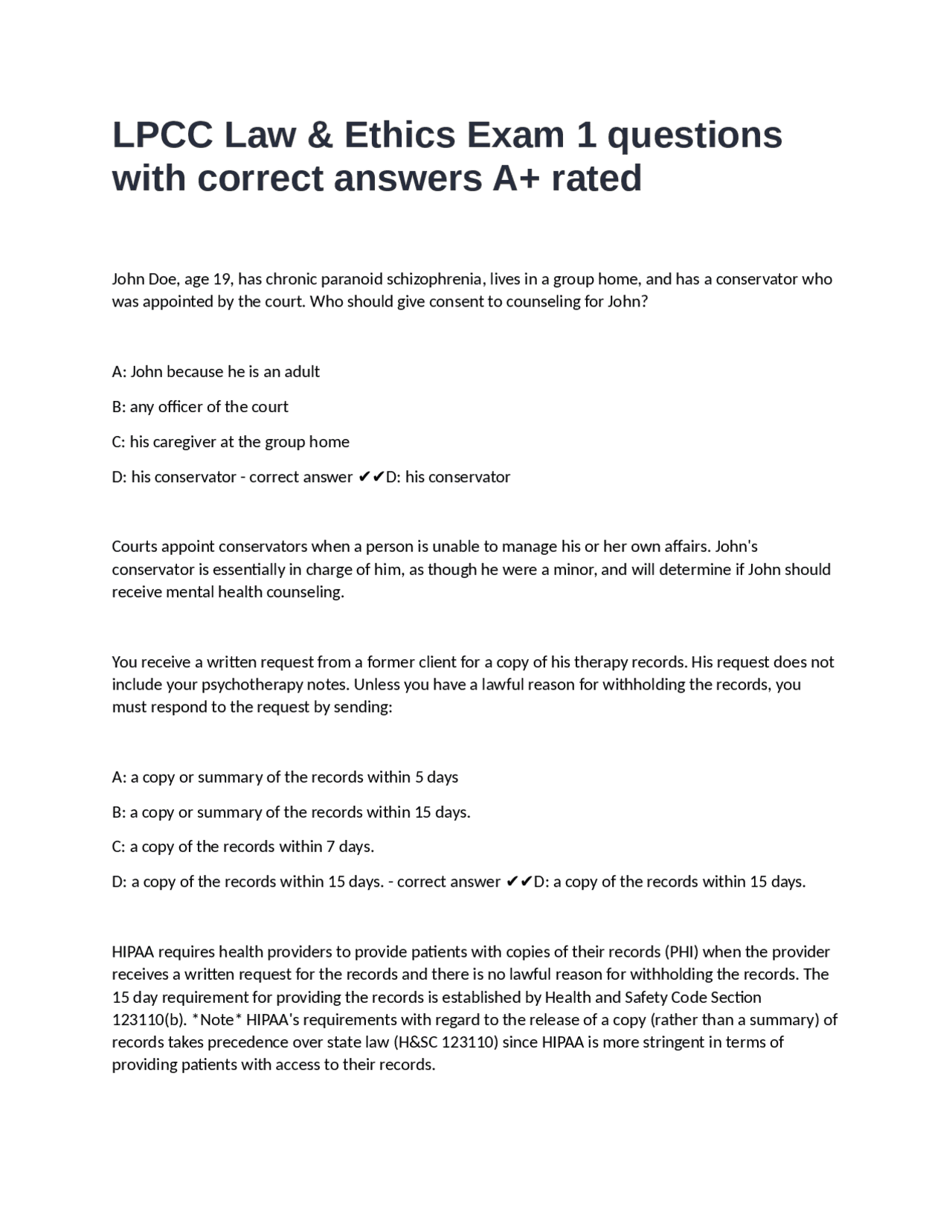 LPCC Law & Ethics Exam 1 questions with correct answers A+ rated ...