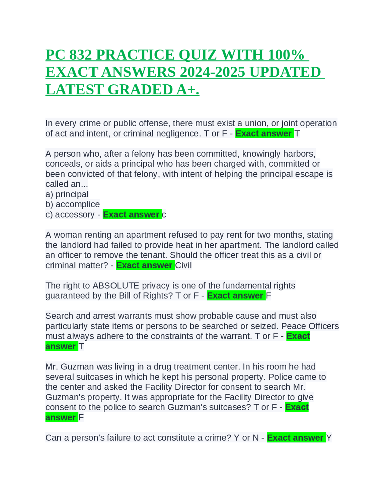PC 832 PRACTICE QUIZ WITH 100% EXACT ANSWERS 2024-2025 UPDATED LATEST ...