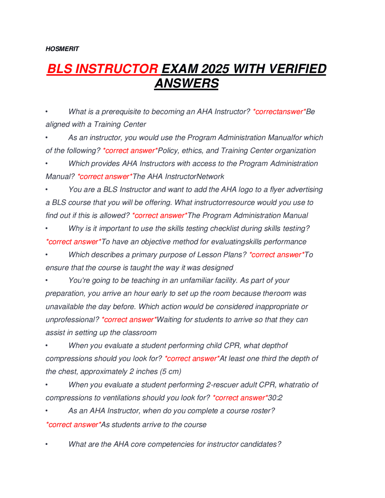 AHA BLS Instructor Exam 2025 with Verified Answers | Exams