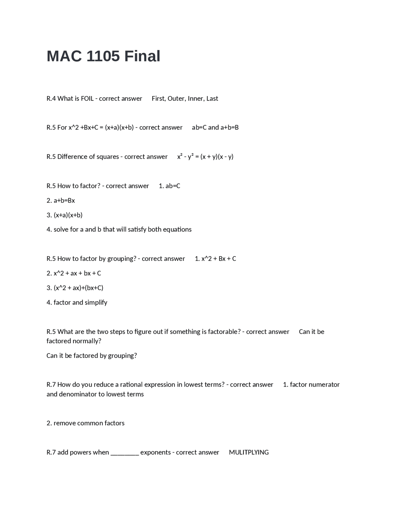 MAC 1105 Final Exam Review | Exams Nursing | Docsity