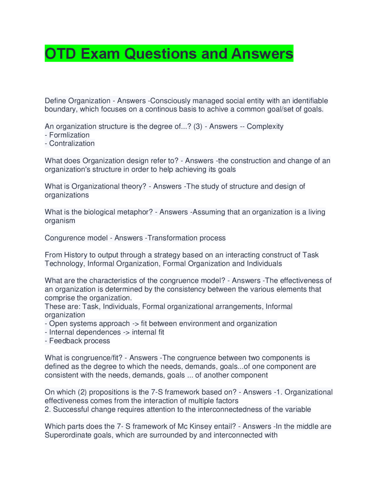 Organizational Theory and Design Exam Questions and Answers | Exams  Advanced Education | Docsity